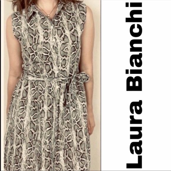 Laura Bianchi 100% Linen Snake Python Print Tie Waisted Sleeveless Shirt Dress - Picture 1 of 8